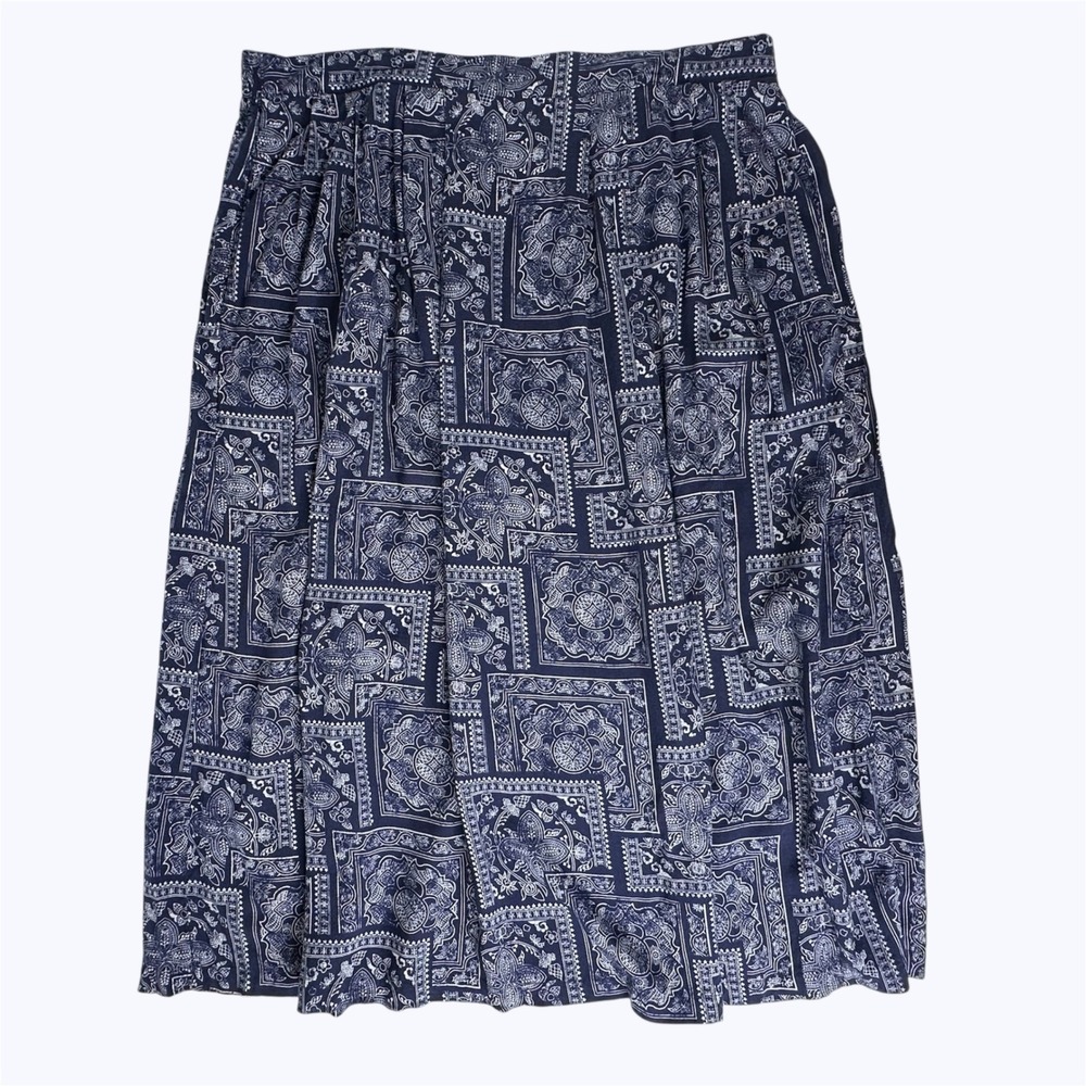 Sag Harbor Midi Skirt Navy Blue Paisley Bandana Tile Print Pockets Resort Sz 1X